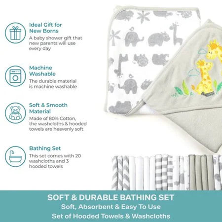 Juego De Toallas Con Capucha Para Baño Y Paños Para Bebés, Juego De Regalo De 23 Piezas, Jirafa Gris
