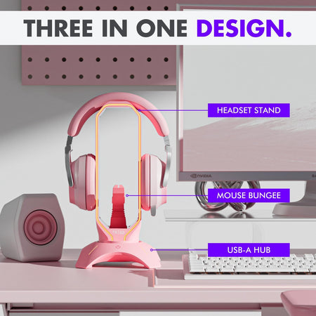 RGB Gaming Headset Stand - 3 in 1 Pink with Mouse Bungee and 2 Port USB Hub Charger - the Ultimate Accessory and Gamer Gift - Headphone Holder for Desk